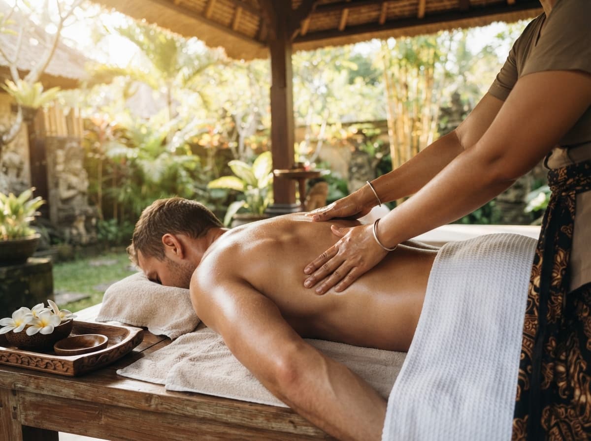Therapists preparing a massage setup at a Bali villa with fresh linens and towels.